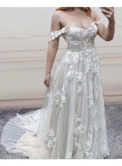 A-Line/Princess Appliques Sleeveless Brush Train Tulle Off the Shoulder Ivory Wedding Dresses