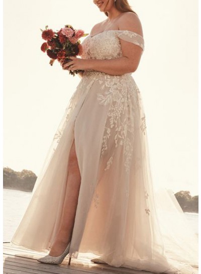 Ivory Off the Shoulder A-Line Tulle Appliques Sleeveless Sweep/Brush Train Wedding Dresses