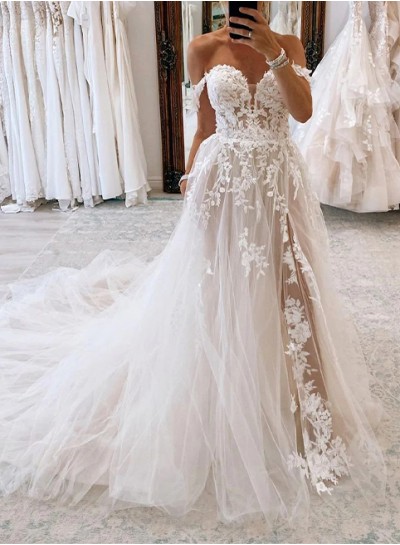 White Appliques Tulle Sleeveless A-Line/Princess Off the Shoulder Brush Train Wedding Dresses