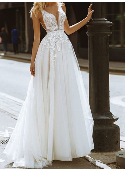 A-Line/Princess Ivory V-neck Brush Train Tulle Sleeveless Appliques Wedding Dresses