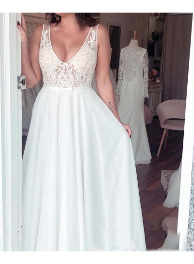 Chiffon A-Line/Princess V-neck White Lace Sweep/Brush Train Sleeveless Wedding Dresses