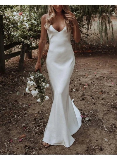 Satin White Sheath/Column V-neck Sleeveless Sweep/Brush Train Wedding Dresses