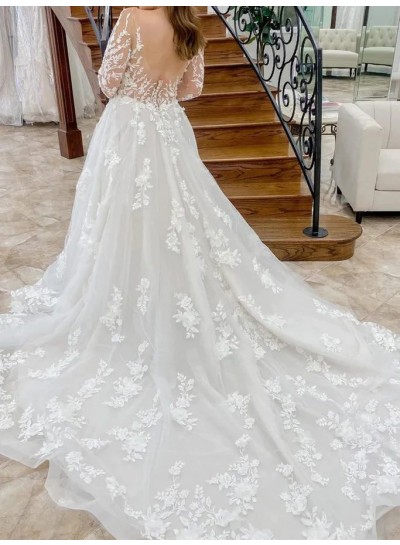 A-Line/Princess Lace Ivory Long Sleeves Sheer Neck Sweep/Brush Train Wedding Dresses