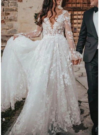 Long Sleeves Lace A-Line/Princess V-neck Sweep/Brush Train Ivory Wedding Dresses