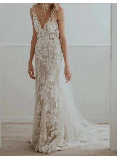 V-neck Sleeveless Sheath/Column Lace Sweep/Brush Train Ivory Wedding Dresses