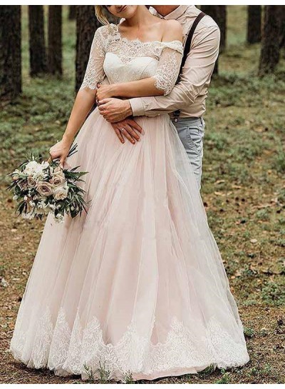 Ball Gown Lace Off the Shoulder Short Sleeves Sweep/Brush Train Pink Wedding Dresses