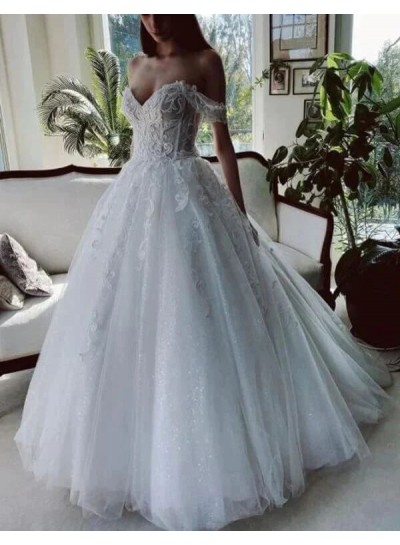 White Ball Gown Off the Shoulder Tulle Appliques Brush Train Sleeveless Wedding Dresses