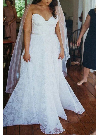 Strapless Lace A-Line/Princess Sleeveless White Sweep/Brush Train Wedding Dresses