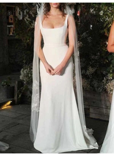 Square Neck White Sheath/Column Satin Sleeveless Sweep/Brush Train Wedding Dresses