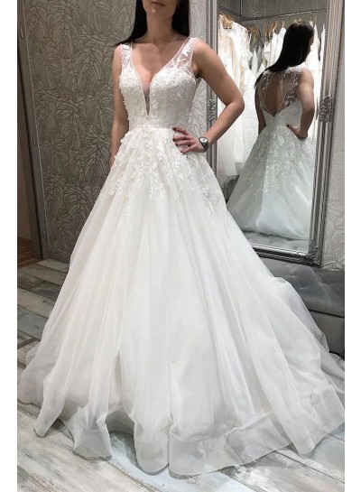 Ball Gown V-neck Ivory Sweep/Brush Train Tulle Appliques Sleeveless Wedding Dresses