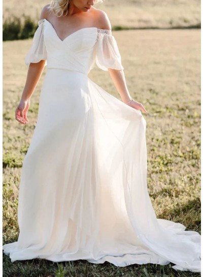 Ivory Off the Shoulder Chiffon A-Line/Princess Short Sleeves Sweep/Brush Train Wedding Dresses