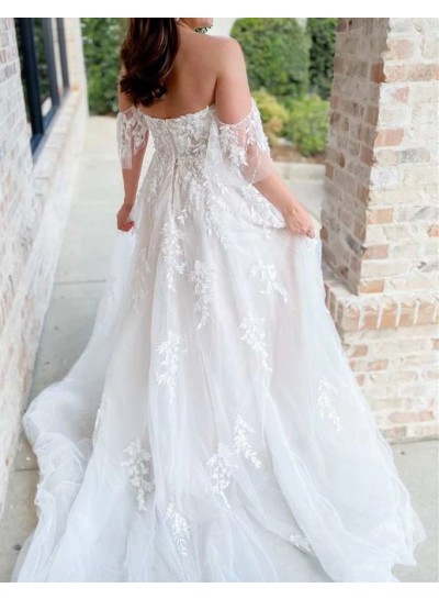 A-Line Off the Shoulder Tulle Appliques Ivory Sleeveless Sweep/Brush Train Wedding Dresses