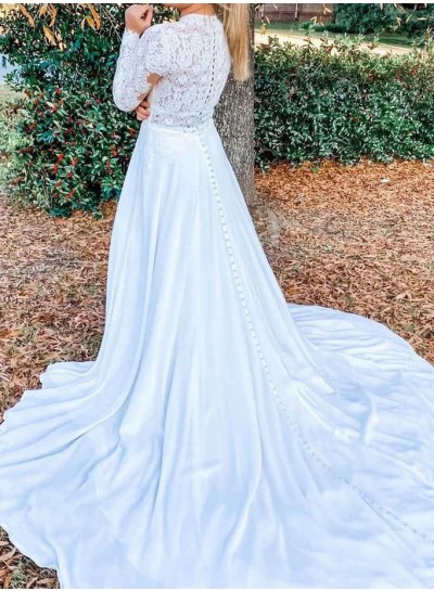 White Long Sleeves A-Line/Princess High Neck Satin Brush Train Lace Wedding Dresses