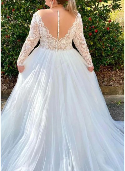 Ivory V-neck Long Sleeves A-Line/Princess Tulle Sweep/Brush Train Lace Wedding Dresses
