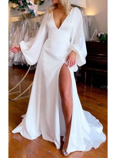 White V-neck A-Line/Princess Satin Sweep/Brush Train Long Sleeves Wedding Dresses