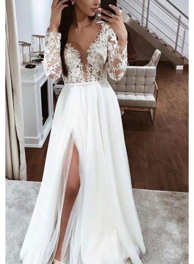 Ivory Long Sleeves A-Line/Princess V-neck Tulle Appliques Floor-Length Wedding Dresses