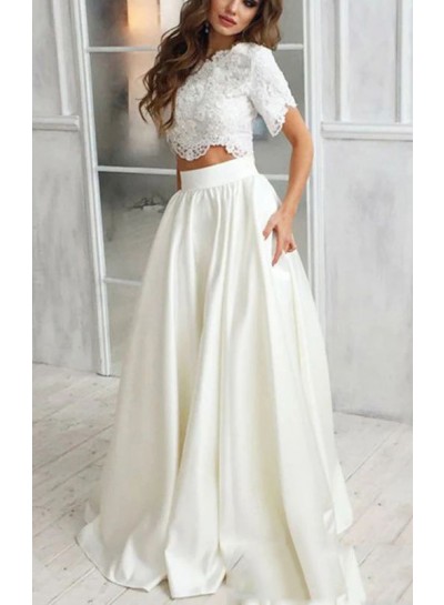 A-Line Satin Bateau Neck Short Sleeves Ivory Sweep/Brush Train Two Pieces Wedding Dresses