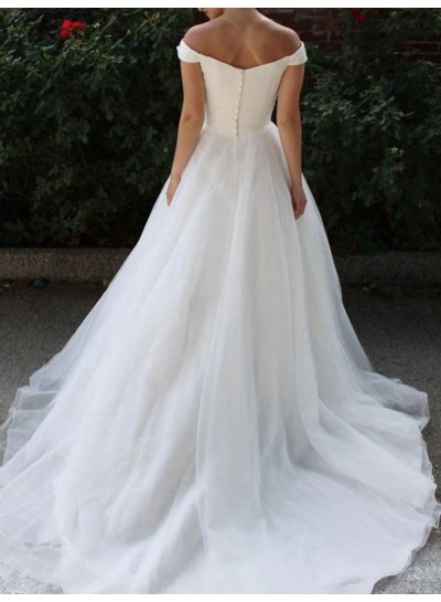 Tulle A-Line/Princess White Sleeveless Sweep/Brush Train Off the Shoulder Wedding Dresses