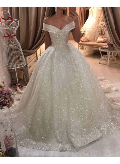 Ivory Sequins Ball Gown Off the Shoulder Sleeveless Sweep/Brush Train Wedding Dresses