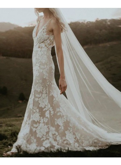 Sheath/Column V-neck Lace Sleeveless Ivory Sweep/Brush Train Wedding Dresses