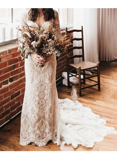 Sheath/Column Ivory V-neck Long Sleeves Lace Sweep/Brush Train Wedding Dresses