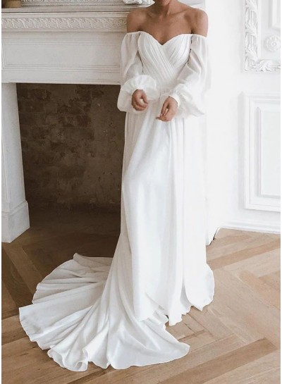 A-Line/Princess Satin Long Sleeves White Off the Shoulder Sweep/Brush Train Wedding Dresses
