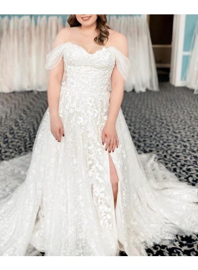 A-Line/Princess Off the Shoulder Tulle Appliques Brush Train Sleeveless Ivory Wedding Dresses