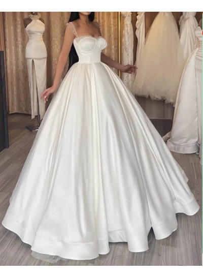Ball Gown Satin Ivory Off the Shoulder Beading Sleeveless Sweep/Brush Train Wedding Dresses