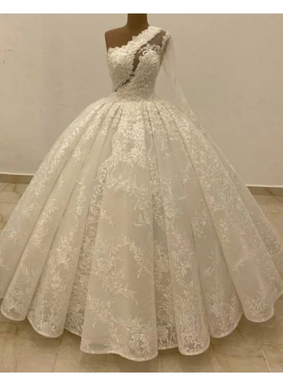 Lace Ball Gown One Shoulder Ivory Sleeveless Sweep/Brush Train Wedding Dresses