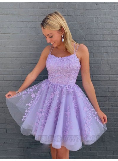 2024 Spaghetti Straps A-line/Princess Tulle Short Lilac Homecoming Dresses With Appliques