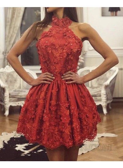 2024 Lace A-line/Princess Halter Sleeveless Backless Short/Mini Red Homecoming Dresses