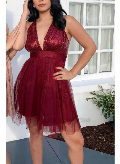 2024 A-Line V-neck Tulle Sleeveless Short/Mini Burgundy Homecoming Dresses With Sequins