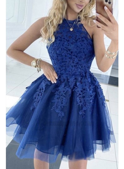2023 Royal Blue Tulle Halter A-line/Princess Sleeveless Mini Homecoming Dresses With Appliques