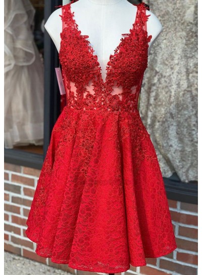 2024 Sleeveless V-neck A-Line/Princess Lace Short/Mini Red Homecoming Dresses With Beading