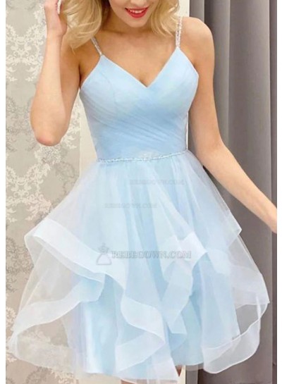2024 V-neck A-line/Princess Organza Sleeveless Short/Mini Blue Homecoming Dresses