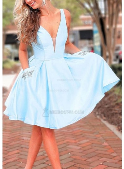 2024 Satin V-neck A-Line Sleeveless Knee-Length Blue Homecoming Dresses With Beading