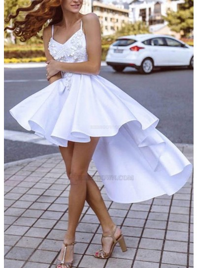 2024 White Sleeveless Satin V-neck A-line High-Low Homecoming Dresses With Appliques