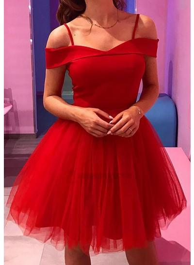 2024 Off the Shoulder A-Line/Princess Tulle Short/Mini Red Homecoming Dresses