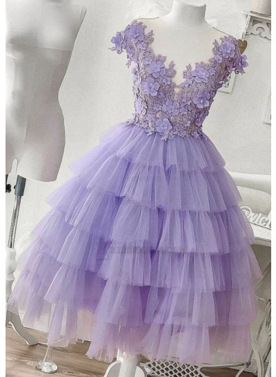 2023 Ball Gown Crew Neck Tulle Sleeveless Mini Lavender Homecoming Dresses With Appliques