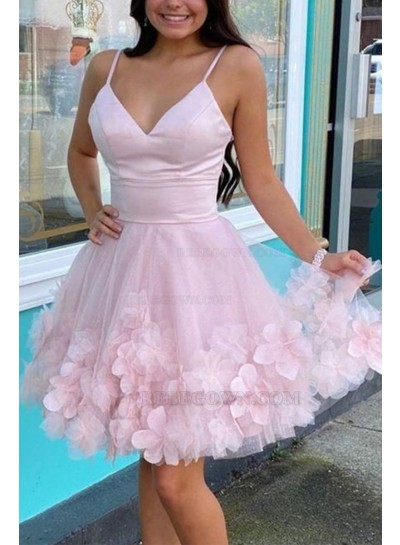 2024 Tulle A-line V-neck Sleeveless Short Pink Homecoming Dresses With Hand-Made Flower