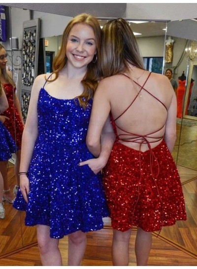 2024 Sequins Royal Blue A-line Spaghetti Straps Sleeveless Short Homecoming Dresses