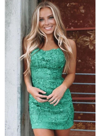 2023 Sleeveless Column Spaghetti Straps Lace Short/Mini Emerald Homecoming Dresses