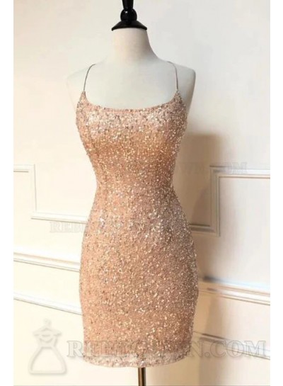 2024 Champagne Column Spaghetti Straps Sleeveless Sequins Short Homecoming Dresses