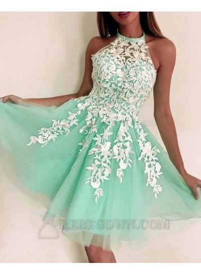 2024 Halter A-line Tulle Sleeveless Short/Mini Turquoise Homecoming Dresses With Appliques