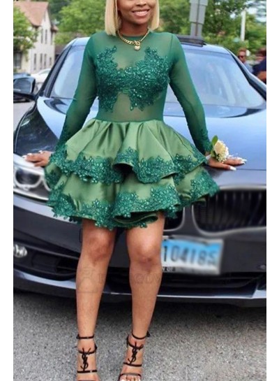 2024 Crew Neck Ball  Gown Long Sleeves Hunter Short Homecoming Dresses With Appliques