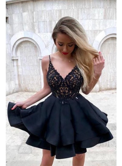2024 Ball Gown Satin Sleeveless V-neck Short/Mini Black Homecoming Dresses With Lace