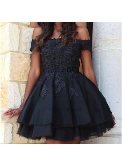 2023 Dark Navy Ball Gown Off the Shoulder Tulle Mini Homecoming Dresses With Appliques
