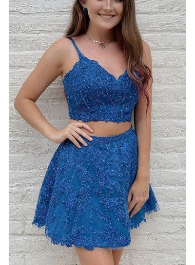2023 A-line V-neck Sleeveless Lace Royal Blue Short Two-piece Homecoming Dresses