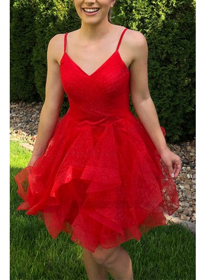 2023 A-line/Princess Tulle V-neck Sleeveless Short/Mini Red Homecoming Dresses
