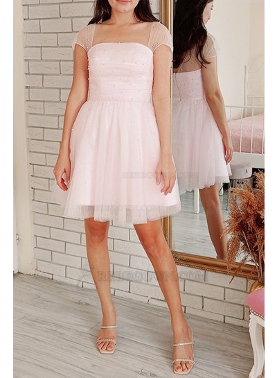 2023 A-line Tulle Strapless Knee-Length Pink Short Sleeves Homecoming Dresses With Beading